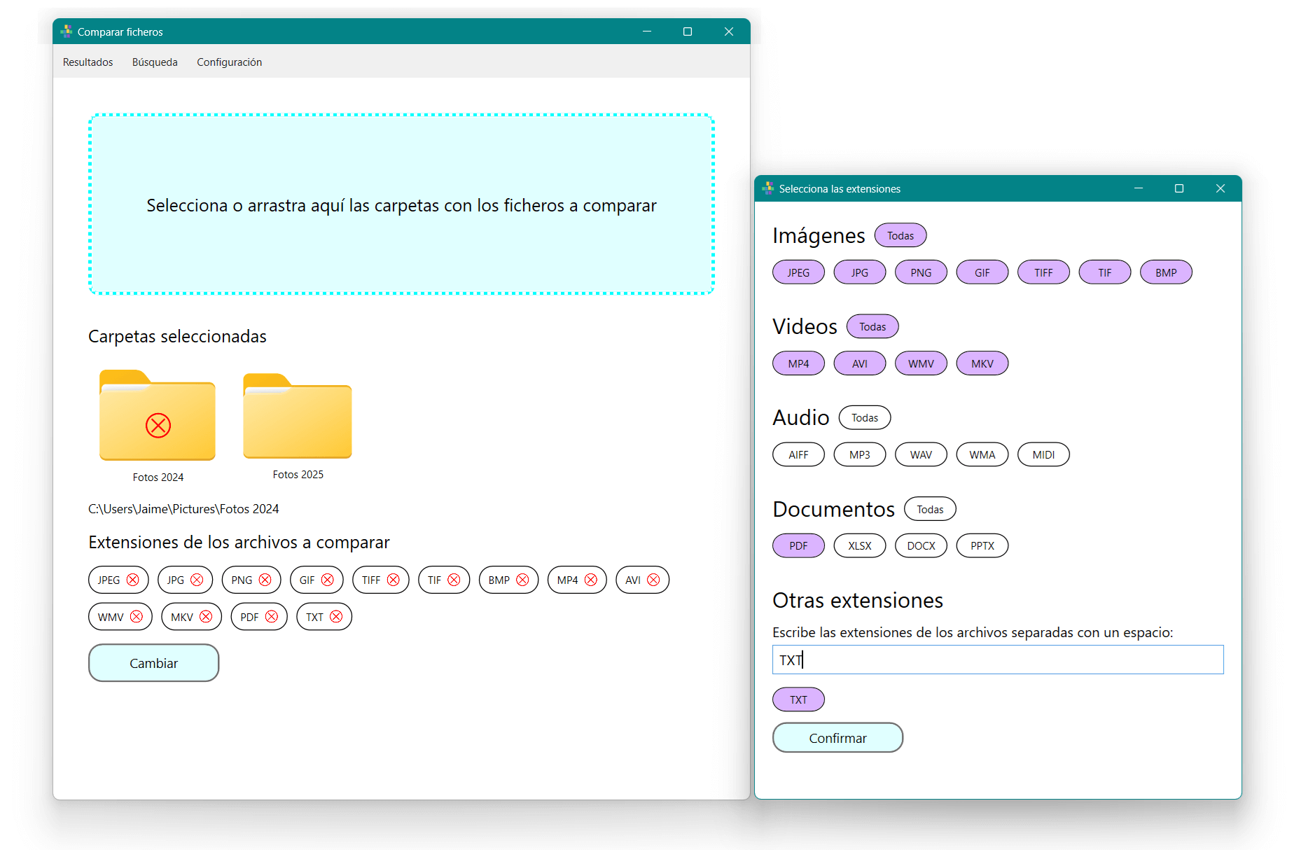 Selecciona las carpetas y ficheros a comparar.