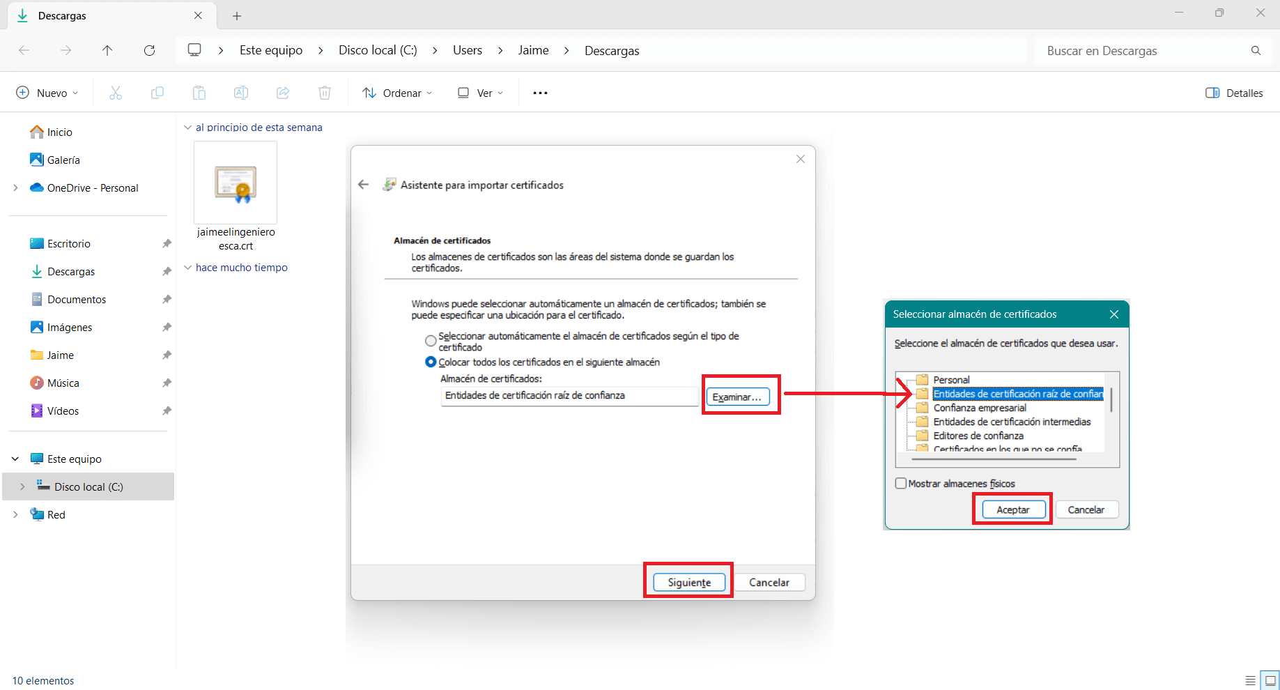 Paso 3. Pincha examinar y selecciona 'Entidades de certificación raíz de confianza'.